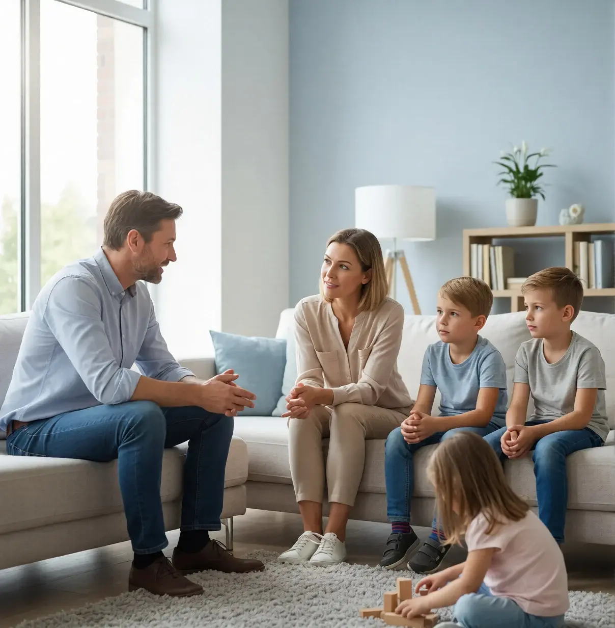 Eine Familie im Beratungsgespräch mit einem Sozialpädagogen